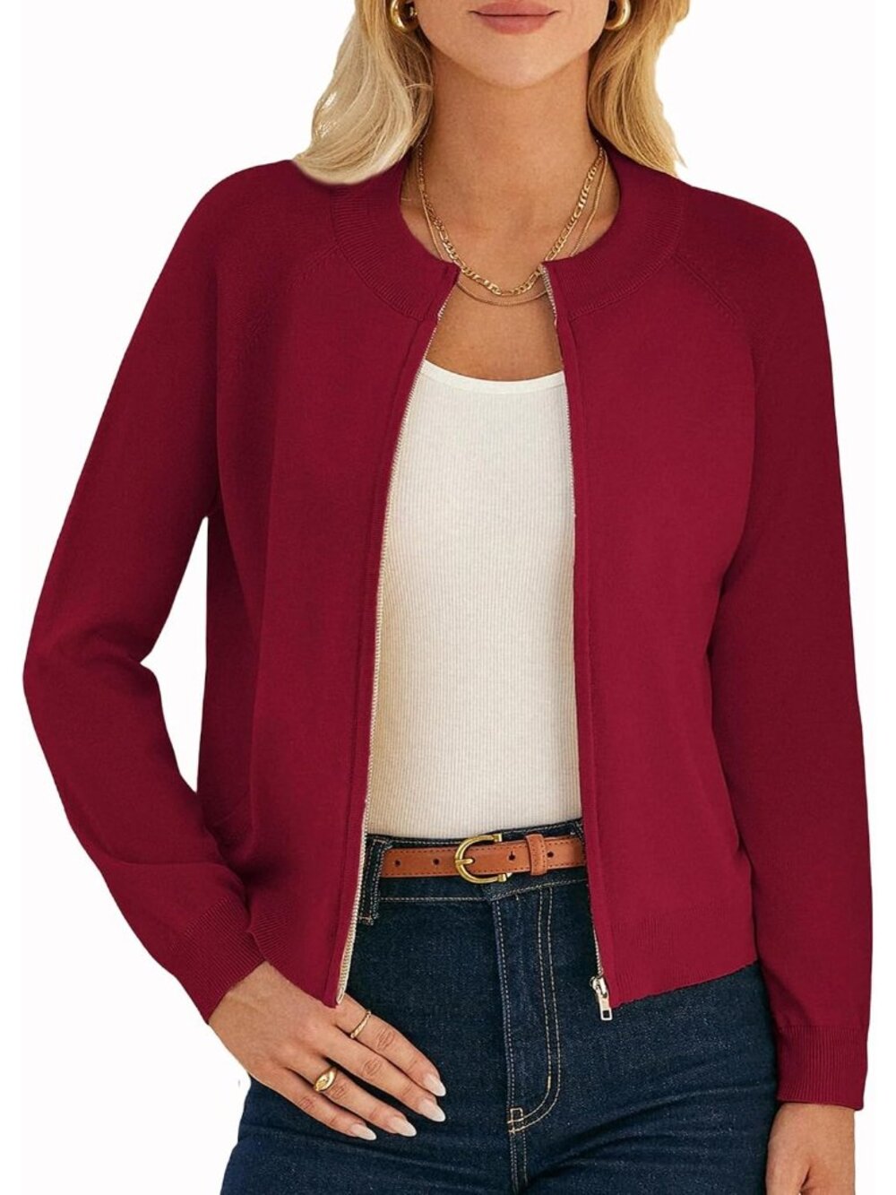 〽️Women's Red Long Sleeve Zip Up Cardigan Lightweight Knitted Sweater Jacket